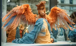 a girl looking through the window with an orange bird doll at her