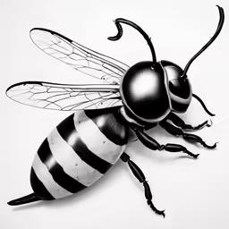 a black and white bee sitting on top of a table