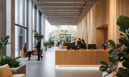 a group of people in a building with large windows