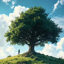 a man stands on top of a hill beneath a large tree