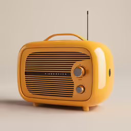 a yellow radio set sitting on top of a white table