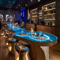 a group of people sitting at bar that has blue lights on it
