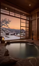 a hot tub surrounded by large windows and snow covered hills