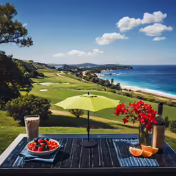 a picnic table with food and flowers is set overlooking an ocean and golf course
