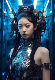 a futuristic woman with her hair covered in dreadlocks,there is a very strange woman with many heads