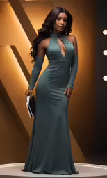 a woman in a long green dress and a white clutch bag