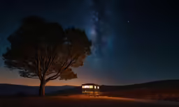 a small cabin is at night under the stars