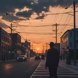 two people walking down a city street as the sun rises
