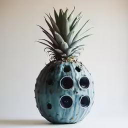 a blue vase with an unique pineapple inside