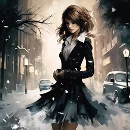 the girl wearing a coat and dress is standing in the snow,a painting of a woman in the snow