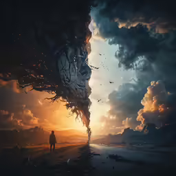 a man that is standing near a large cloud