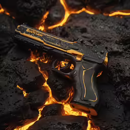 a pistol sitting on a fire with a flame in the background