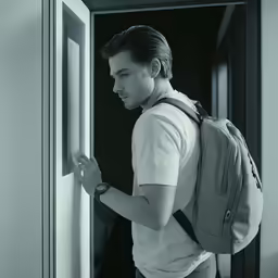 a man with backpack opening a door