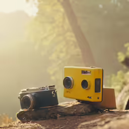 the small yellow camera is on the rock