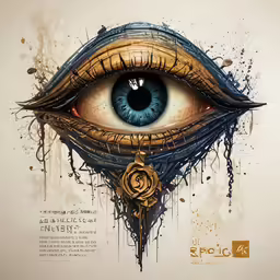 a digital artwork work with the eye and gold spirals