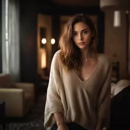 a woman standing in a large room wearing a sweater