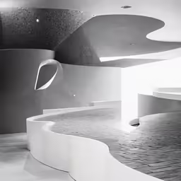 black and white photograph of interior area with steps