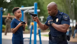 the policeman shows a boy his pistol
