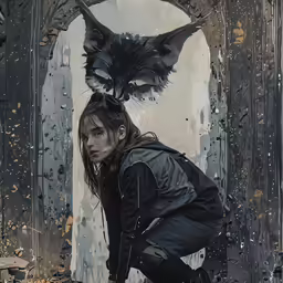 an artistic image of a girl crouched in front of a fox head