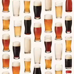 an array of various beer glasses sitting on a table