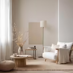 a chair and a lamp are in the corner of the room