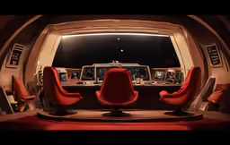 the room has three red chairs and there is also two red chairs that are facing away