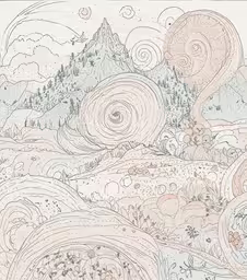 the painting, which looks like a drawing of mountains with swirls,a drawing with some abstract patterns on it