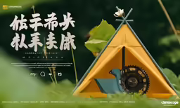 an asian advertisement featuring an old style wood model and a bird in a grass field