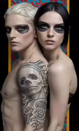 two women pose naked for a photograph while wearing makeup