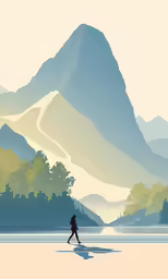 a person with a backpack is walking across a lake by some mountains