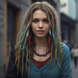 a young woman with long, dreadlocks and a necklace