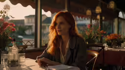 a red headed woman sits in front of a window,a woman sitting at a table with flower pots in the background