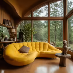 a living area with yellow couch, coffee table, and a dog