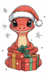a red animal wearing a santa hat while holding a present