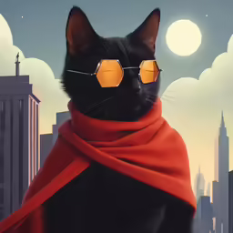 black cat with sunglasses and scarf in the city