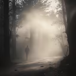 man walking on a foggy path through a park