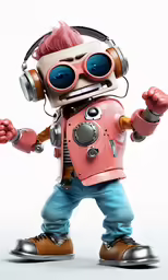 a cartoon robot with pink hair wearing headphones