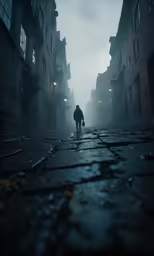the person walks down an alley lined with tall brick buildings