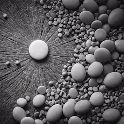 black and white photograph of some rocks with a big circular object in the middle