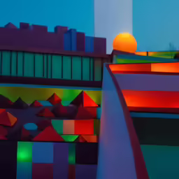 a brightly colored building with a building in the background