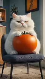a cat sits on a chair and holds onto a tomato