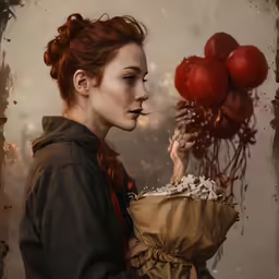 a woman holding a bunch of red balloons in her hand