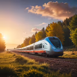 there is a blue and red train moving down the railroad tracks,a train driving on tracks through a rural area