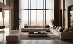 a living room filled with white furniture and tall windows