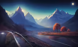 two mountains are behind the road and the road is empty
