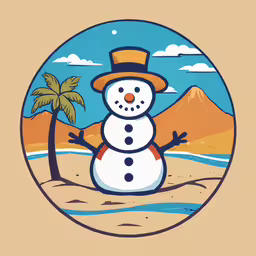 a snowman is standing on the beach by the palm tree,a cartoon snowman with hat and palm tree