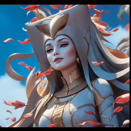 a female character in armor in the air with leaves coming from her