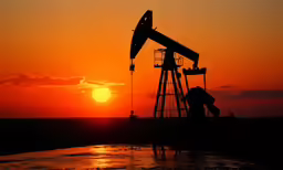 the sun rises behind an oil pump in the ocean