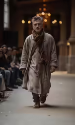 a man walks down the catwalk during a runway show