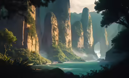 an artistic view of a fantasy landscape with trees and mountains